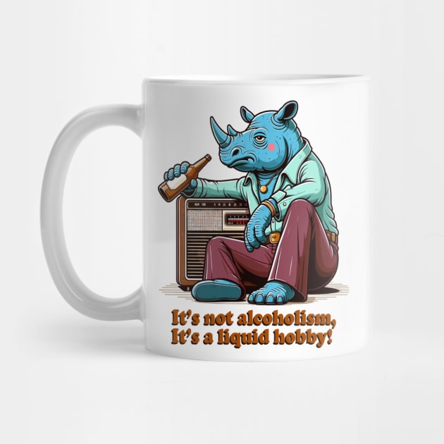 Retro Drunk Rhino Cartoon - 70s Party Animal with Vintage Radio and Humor Quote by TimeWarpWildlife